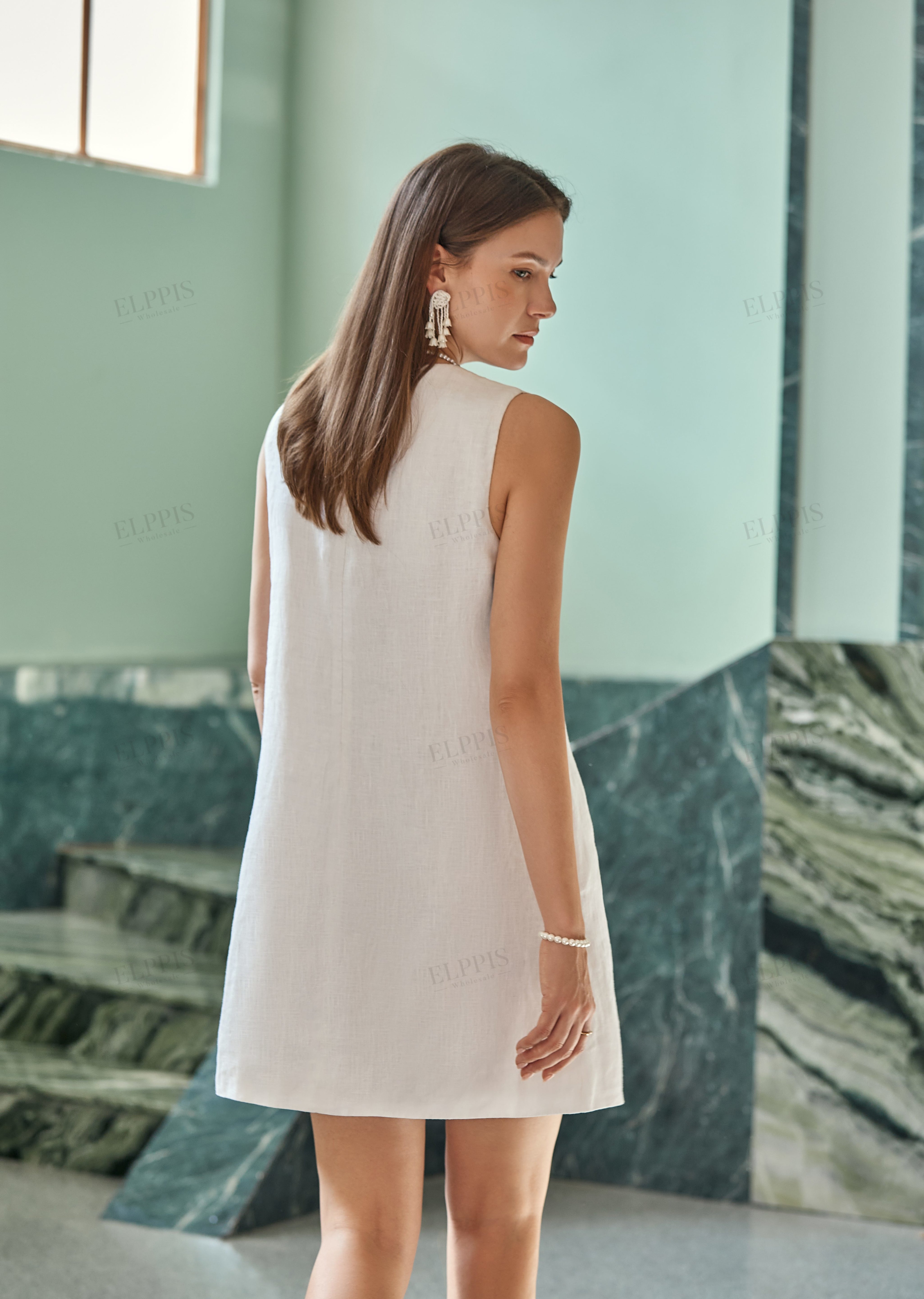 White Linen Sleeveless Beaded Embroidery Dress