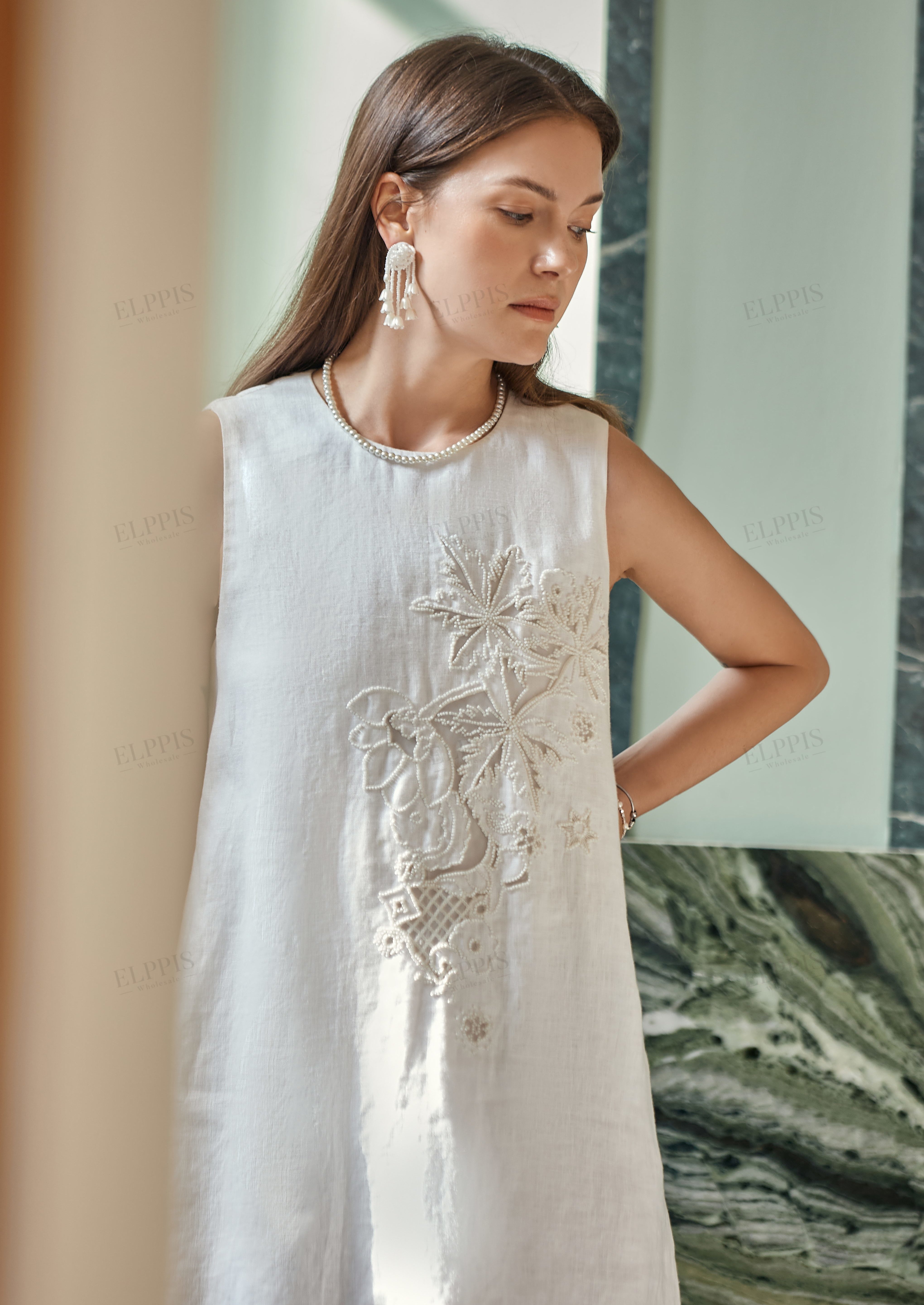 White Linen Sleeveless Beaded Embroidery Dress