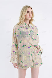 Beige Floral Embroidery Lightweight Collared Long Sleeves Blouse