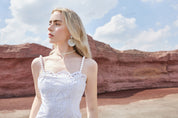 White Cotton Eyelet Midi Dress with Beaded Straps & Scalloped Hem