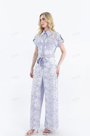 Blue Lavender Striped Lace Jumpsuit with Belt