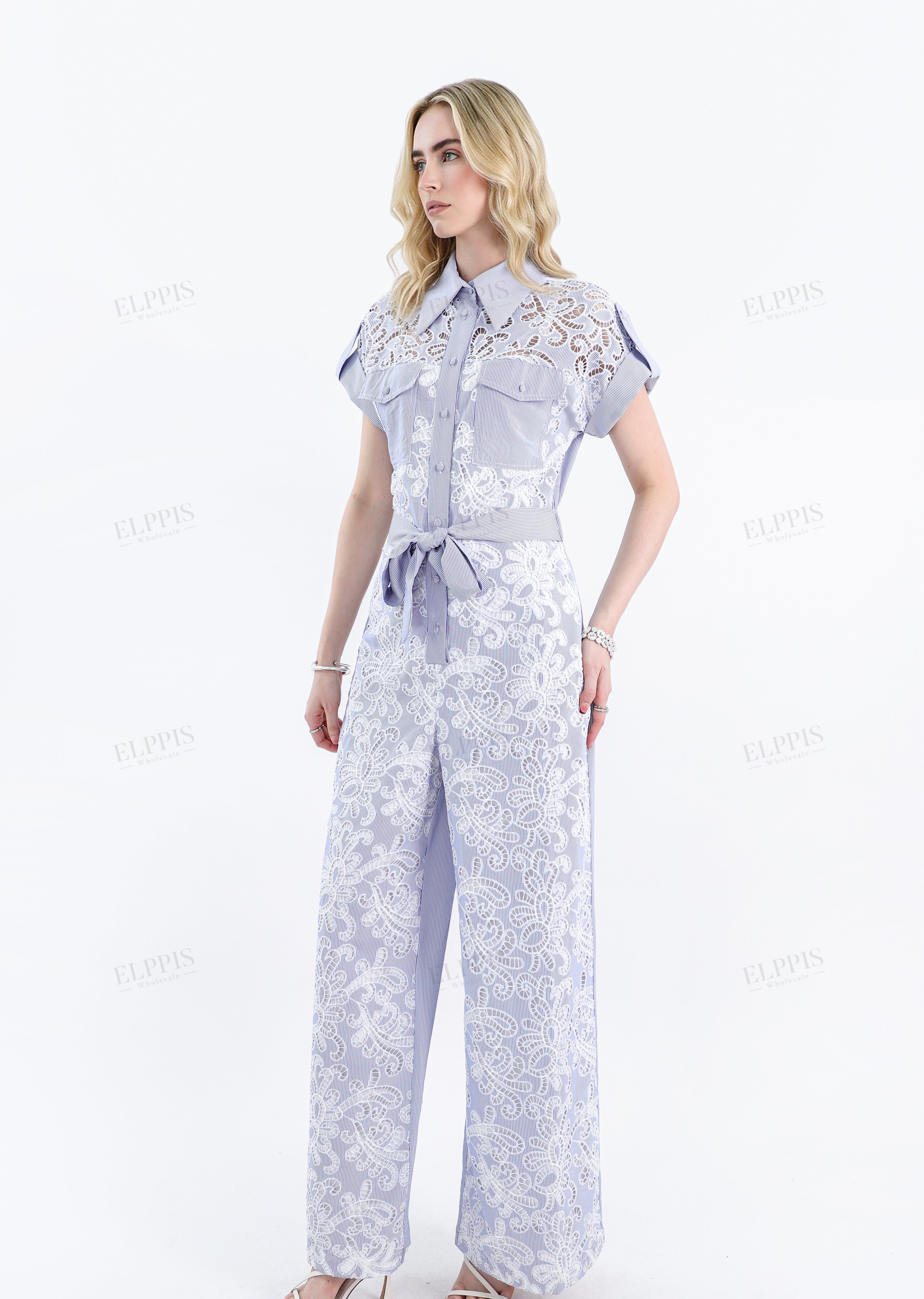 Blue Lavender Striped Lace Jumpsuit with Belt