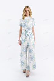 White & Floral (Blue/Yellow) Eyelet Short-Sleeve Cropped Blouse