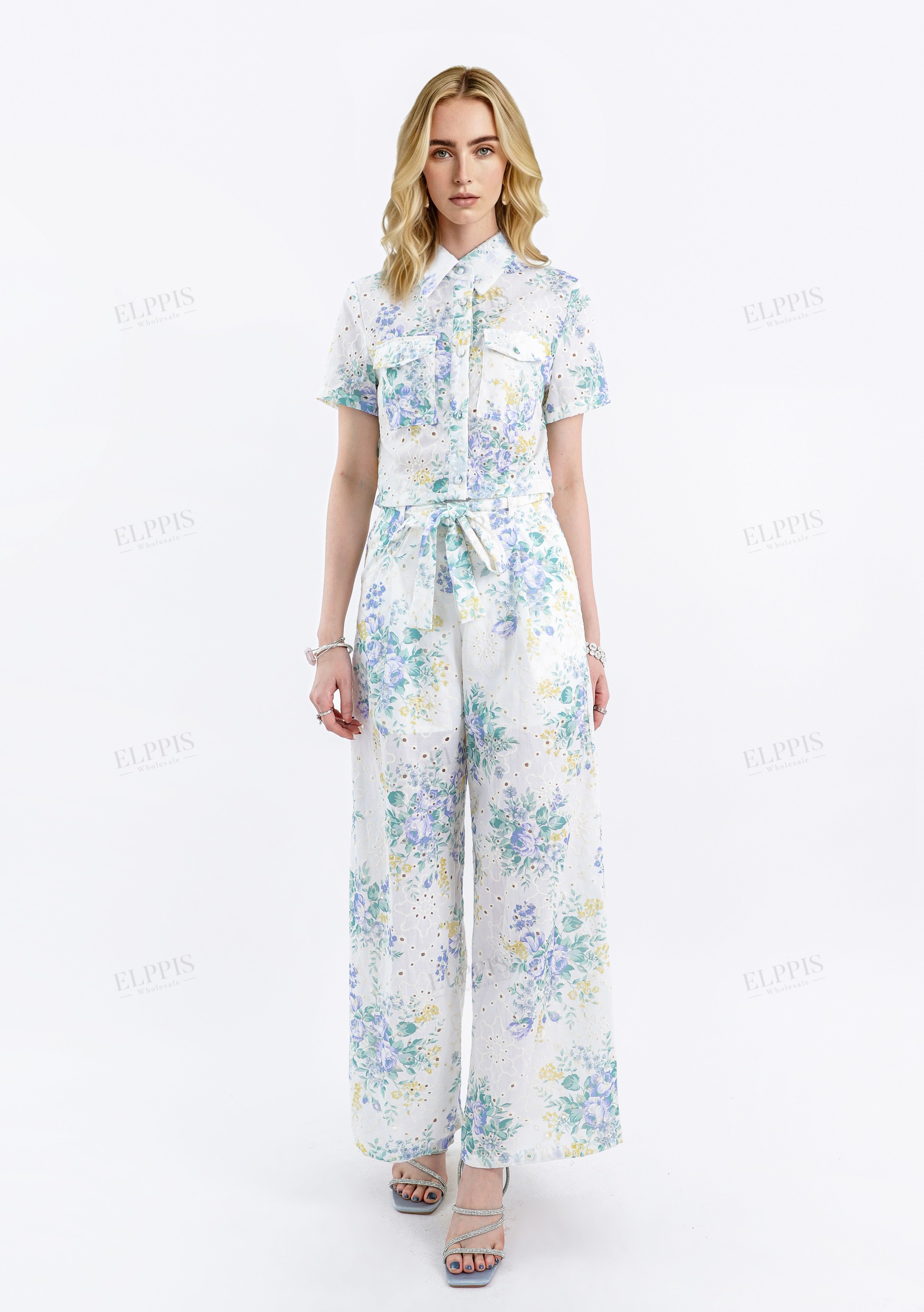 White & Floral (Blue/Yellow) Eyelet Short-Sleeve Cropped Blouse