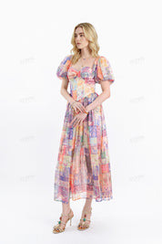 Colorful Patchwork Puff-Sleeve Maxi Dress