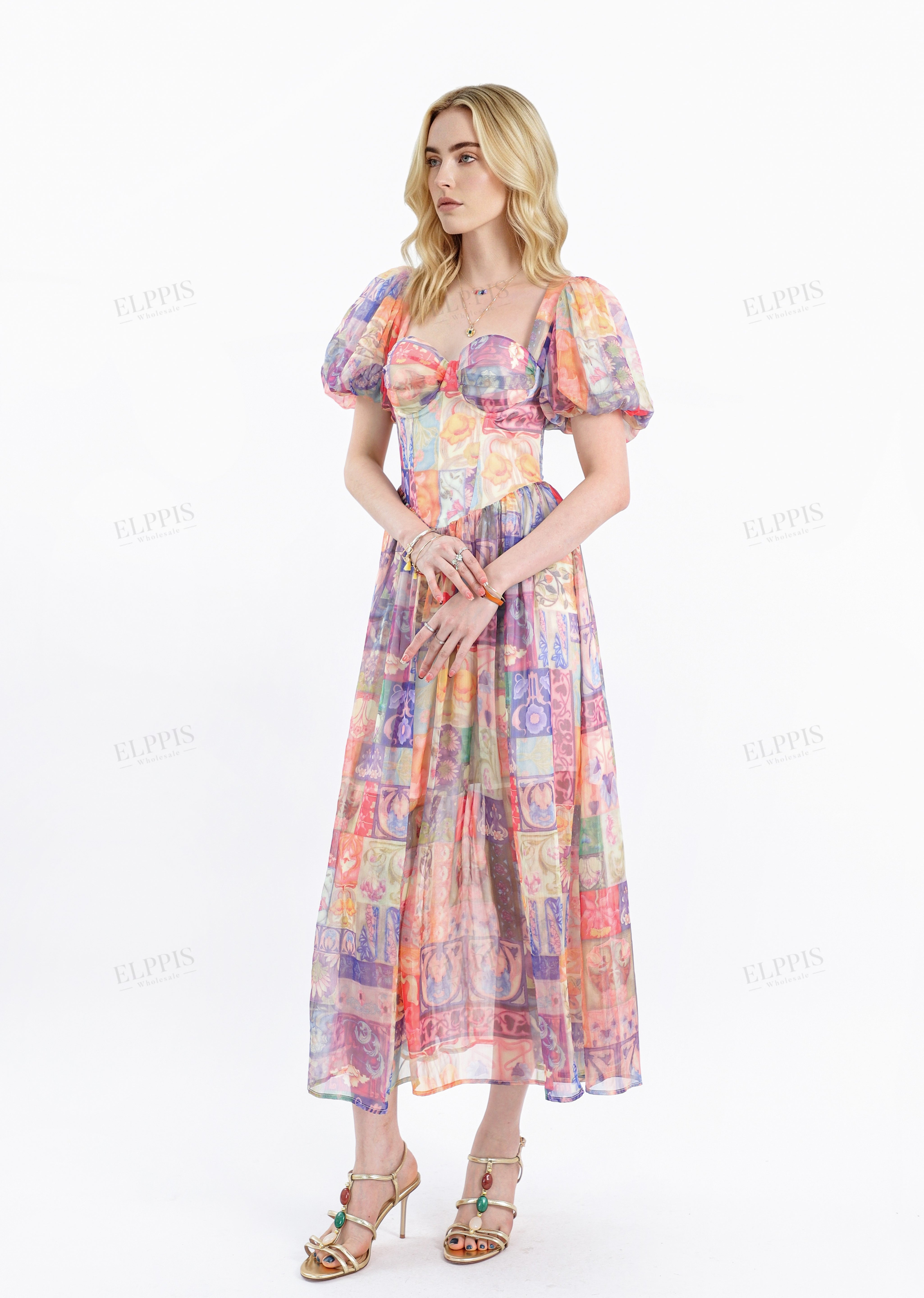 Colorful Patchwork Puff-Sleeve Maxi Dress