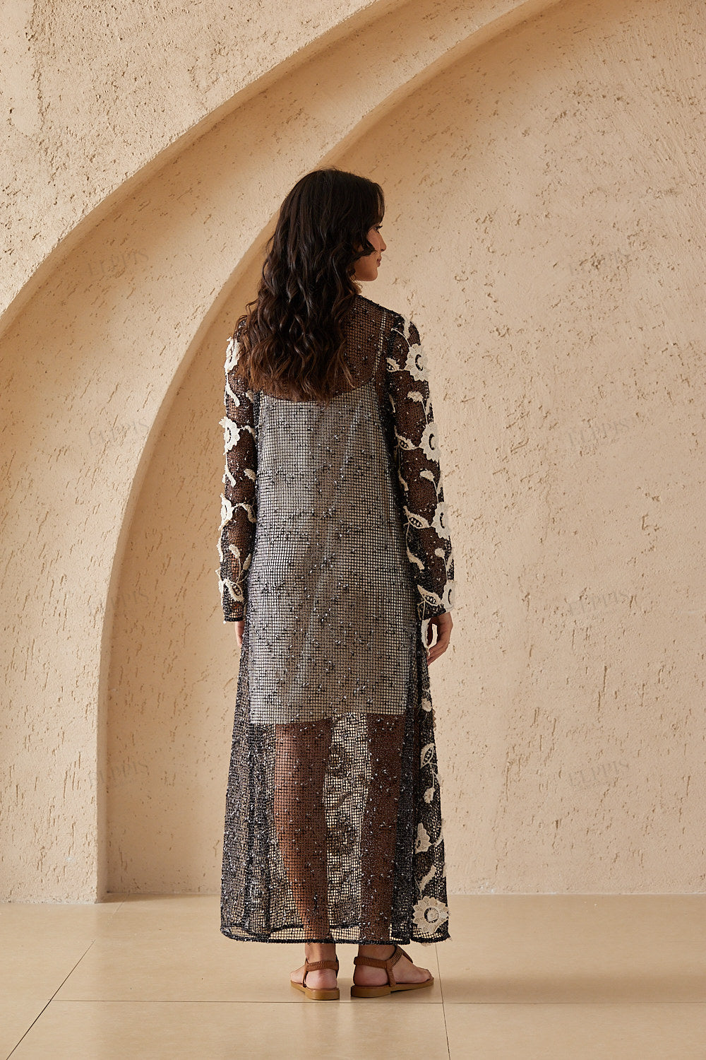 Black Mesh Maxi Dress with White Floral Embroidery & Beaded V-Neck
