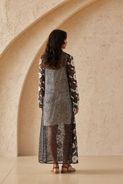 Black Mesh Maxi Dress with White Floral Embroidery & Beaded V-Neck